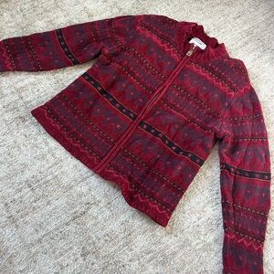 Vintage Hand-Embroidered Red and Black Patterned Zip-Up Sweater